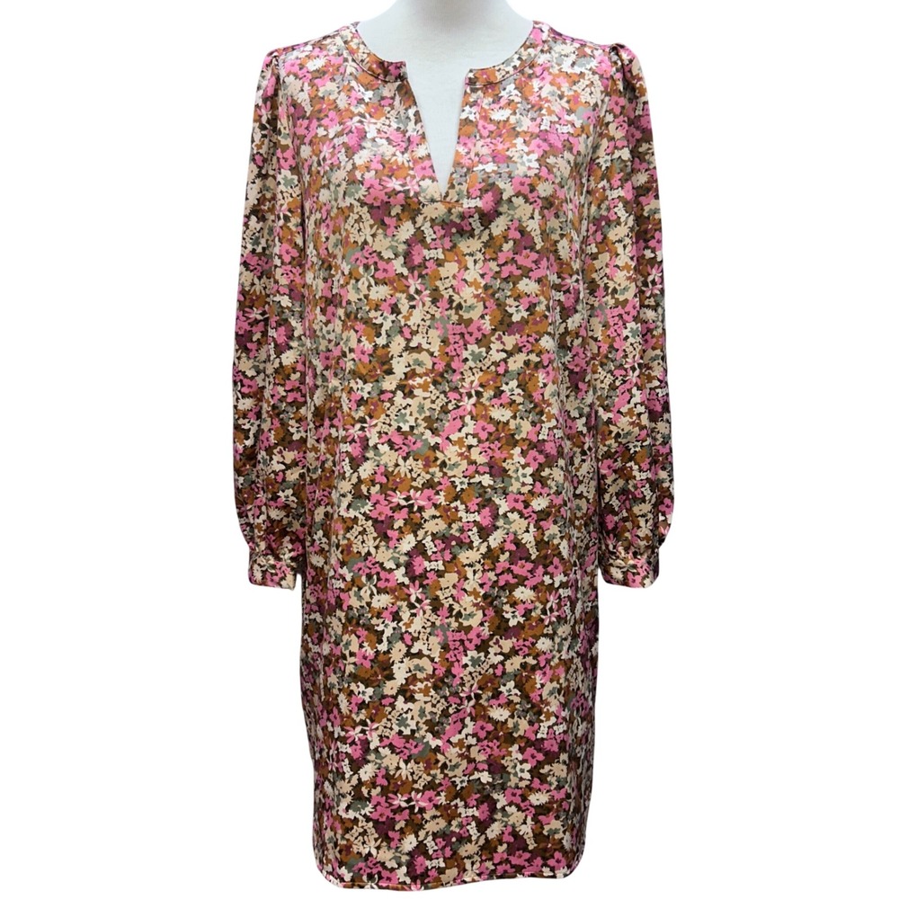 LOFT Floral Shift Dress Women Large Pink Brown V-Neck Long Sleeve Cottage Boho